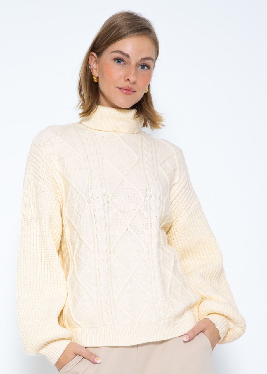 Rollkragenpullover mit Zopfmuster - offwhite