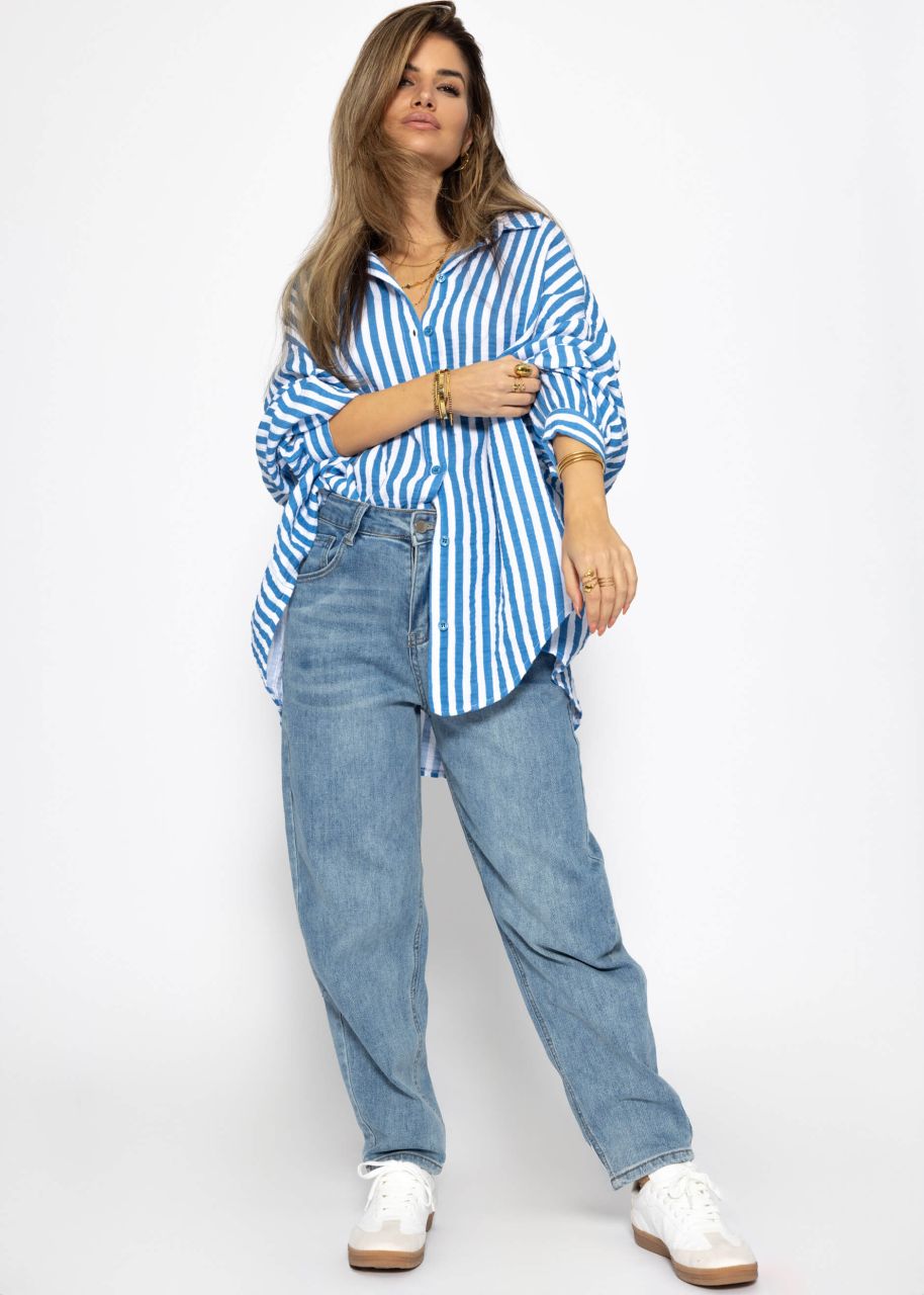 Gestreifte Oversize Musselin Bluse - jeansblau