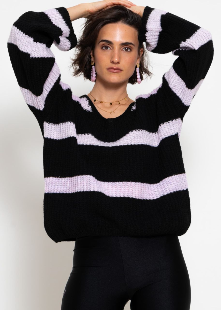 Pullover mit Streifen und V-Ausschnitt - schwarz-lila