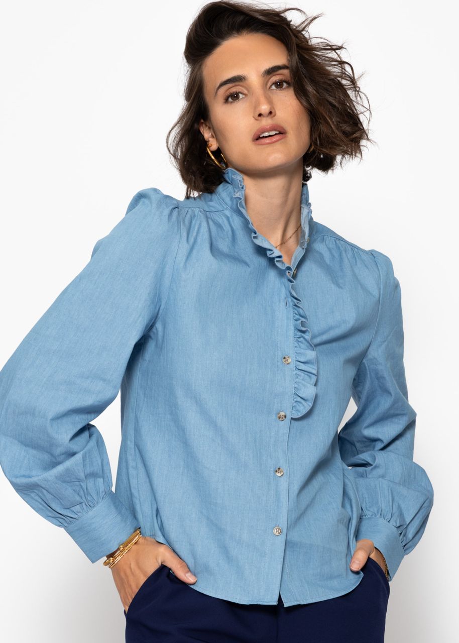 Denim Bluse mit Rüschen - blau