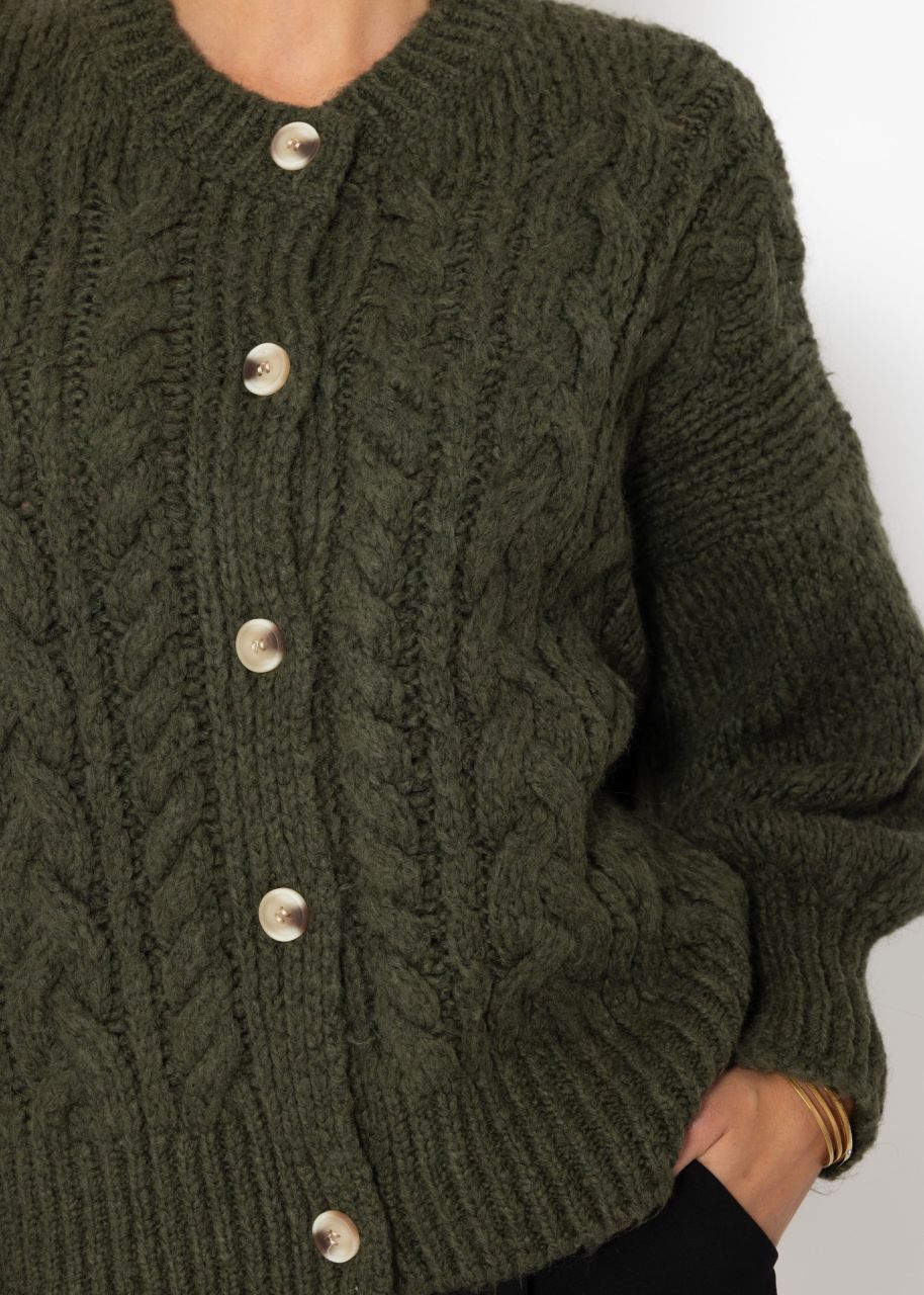 Super flauschige Strickjacke mit Zopfmuster - khaki