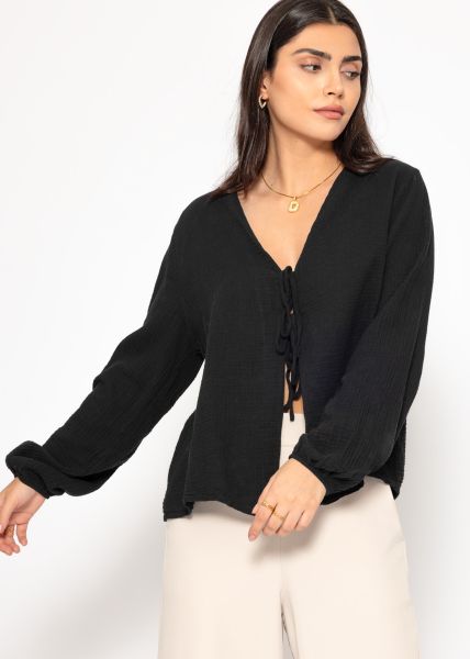 Musselin Blusenjacke mit Bindebänder - schwarz