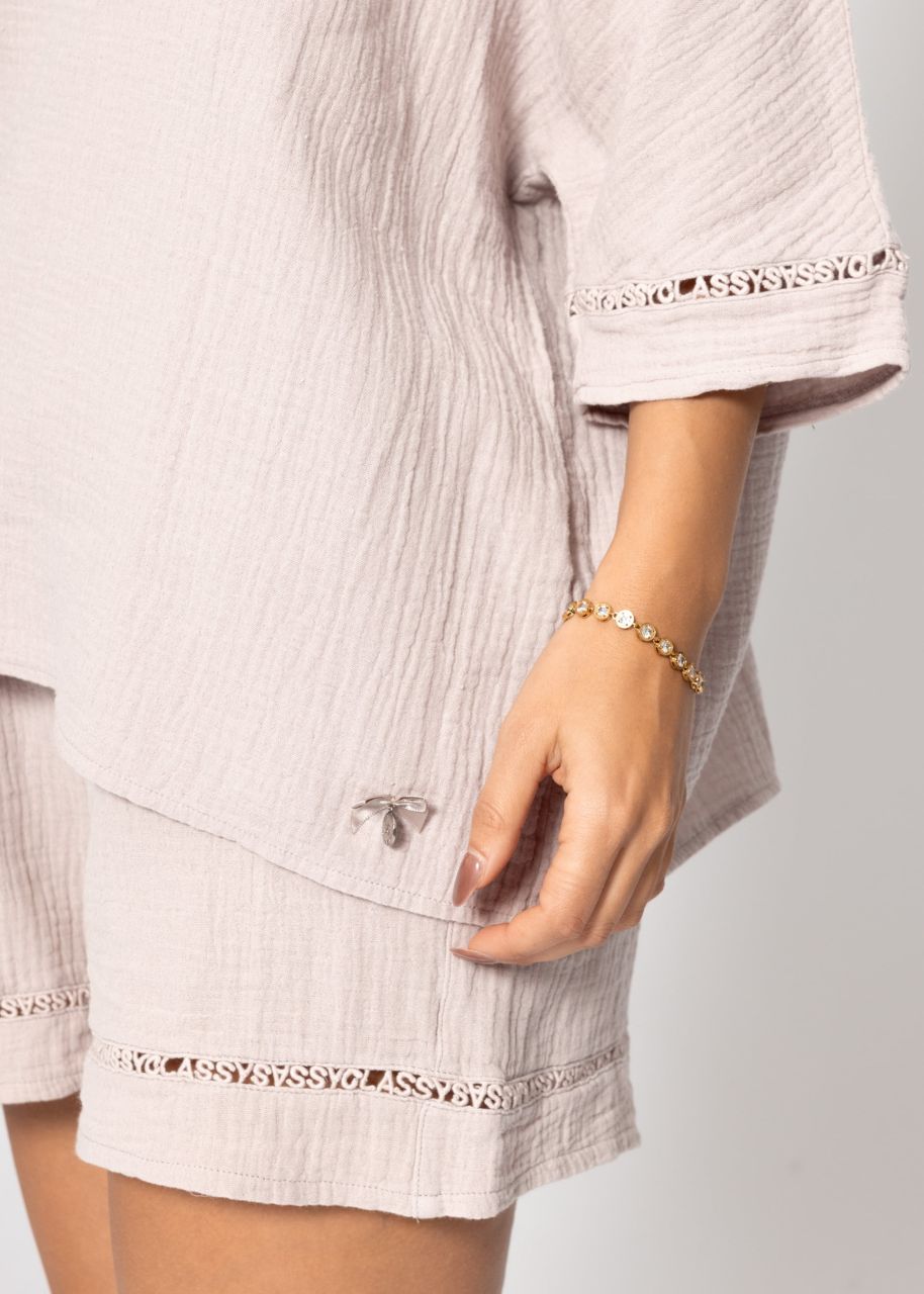 Musselin Pyjamashirt mit Spitzenborte - altrosa