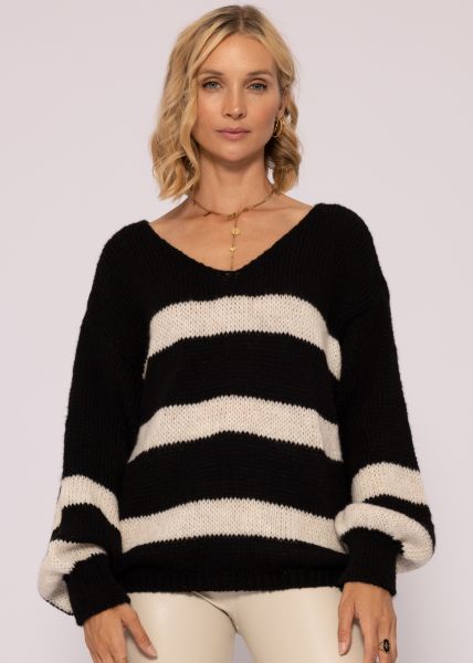 Pullover mit offwhite Streifen, schwarz