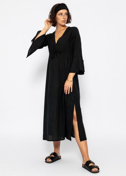Langes Baumwoll Kleid mit seitlichem Schlitz - schwarz