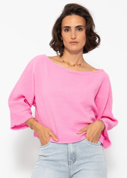 Musselin Shirt mit ausgefranstem Ärmelabschluss - pink