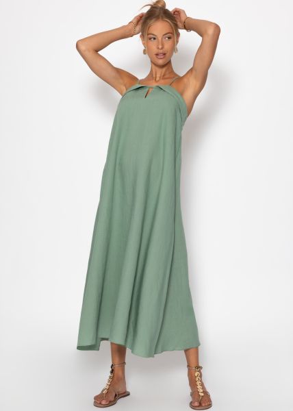 Leinen Kleid mit Spaghetti-Trägern - salbeigrün
