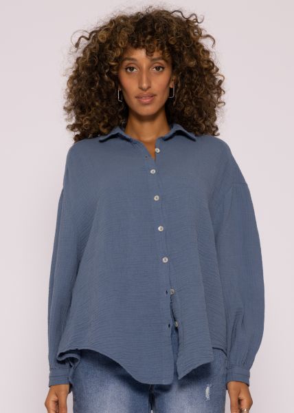 Ultra oversize Musselin-Blusenhemd, kürzere Variante, jeansblau