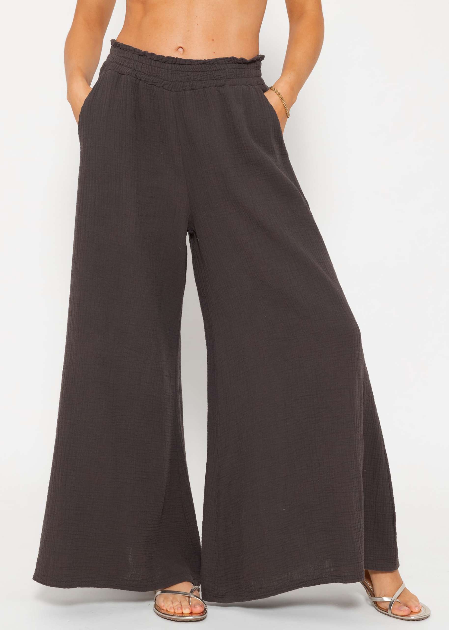 Musselin Pants mit weitem Bein - espresso