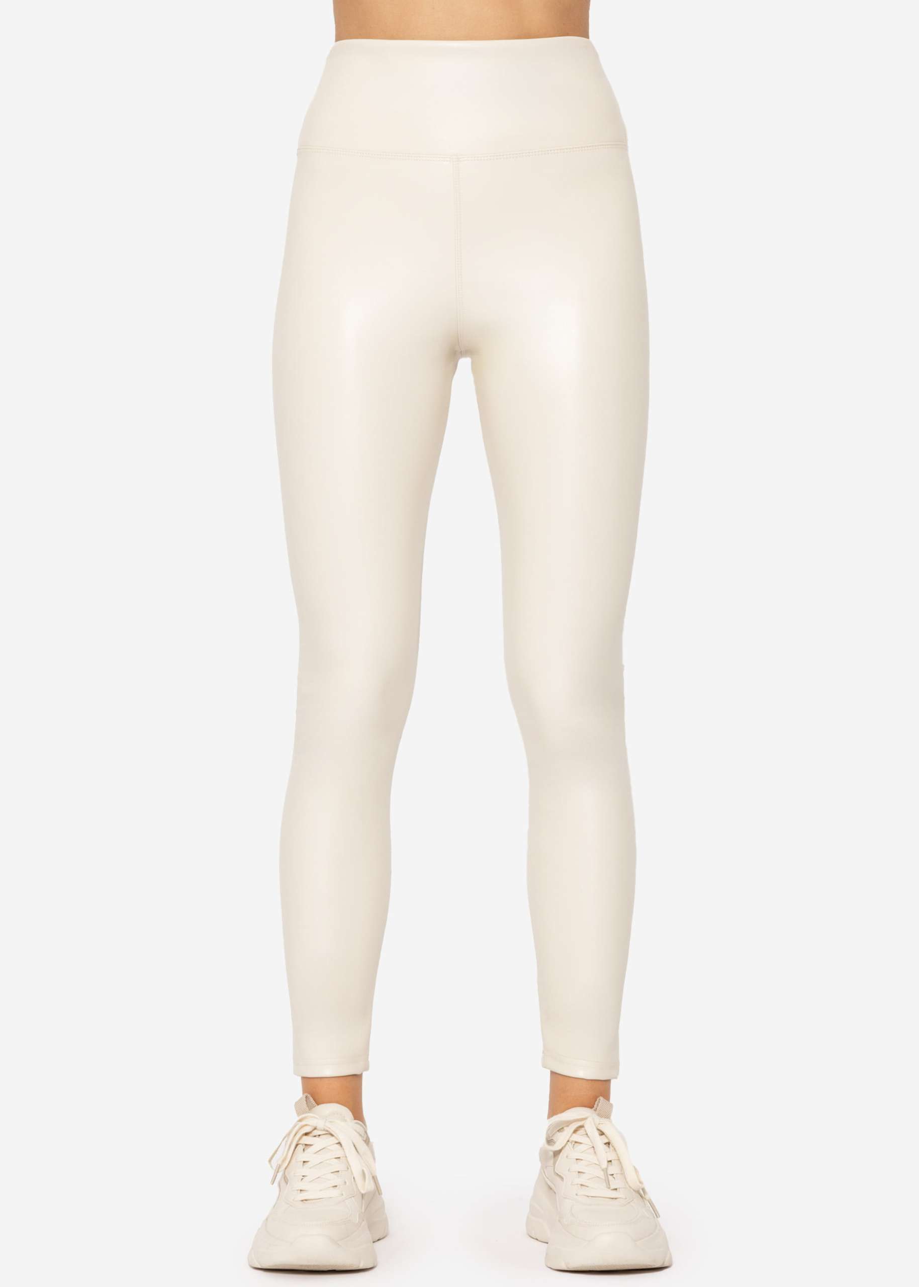 High-Rise Thermo Lederleggings mit breitem Bund - offwhite