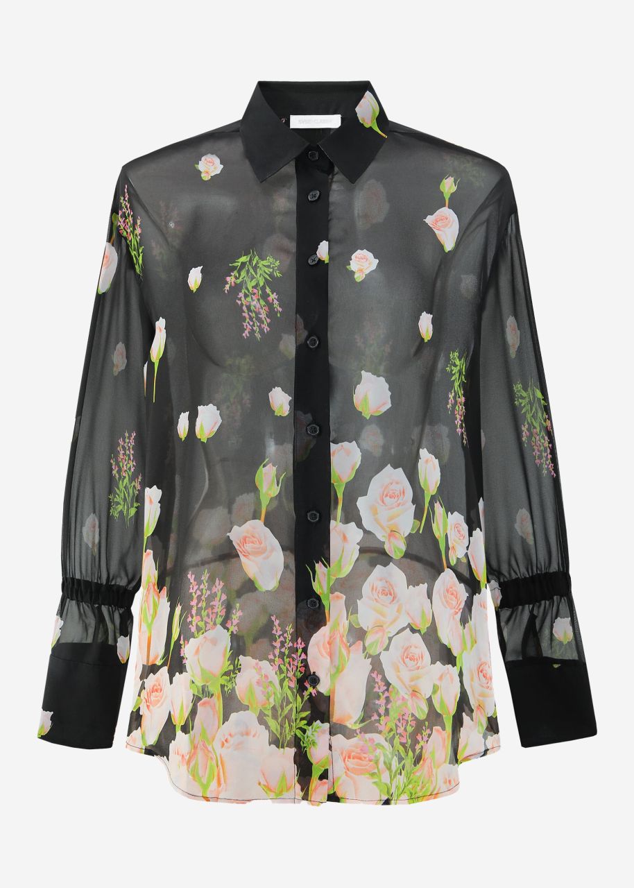 Transparente Bluse mit Blumendruck - schwarz