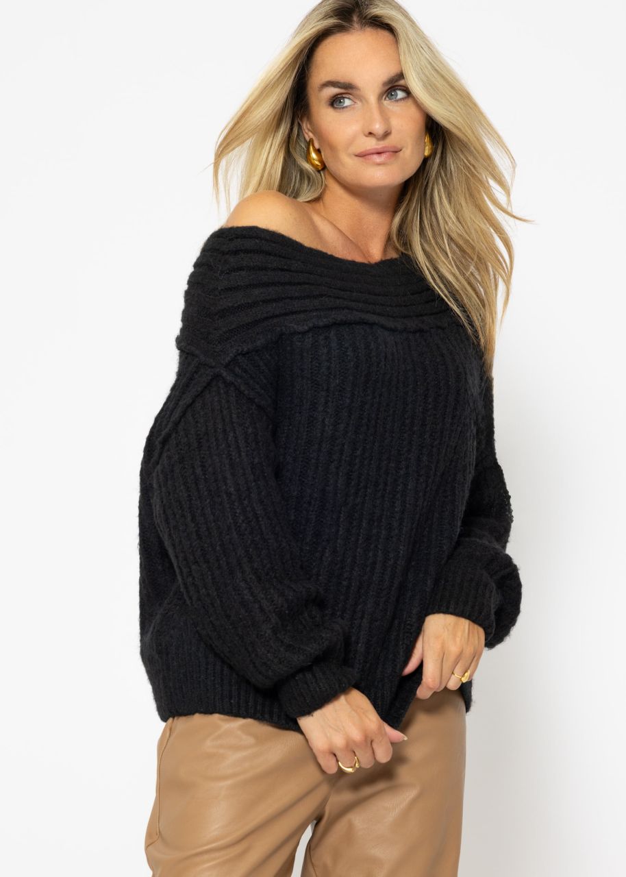 Schulterfreier Strickpullover- schwarz