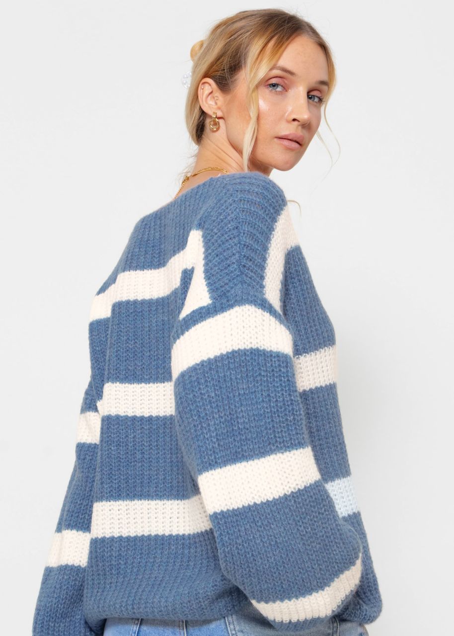 Pullover mit Streifen und V-Ausschnitt - jeansblau-weiß