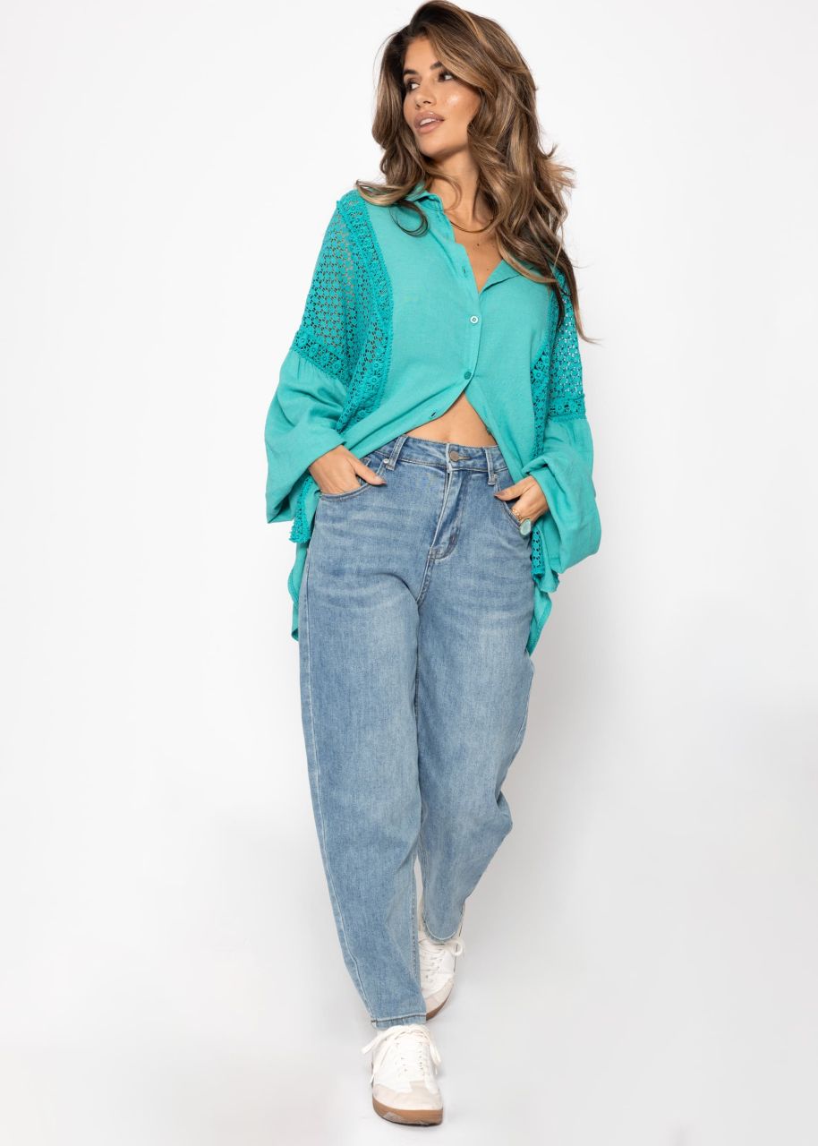 Leinen Bluse mit Spitze - türkis