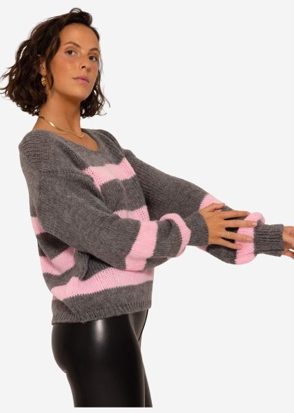 Pullover mit rosa Streifen - grau