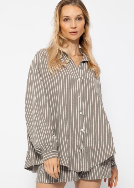 Gestreifte oversize Musselin Bluse - taupe