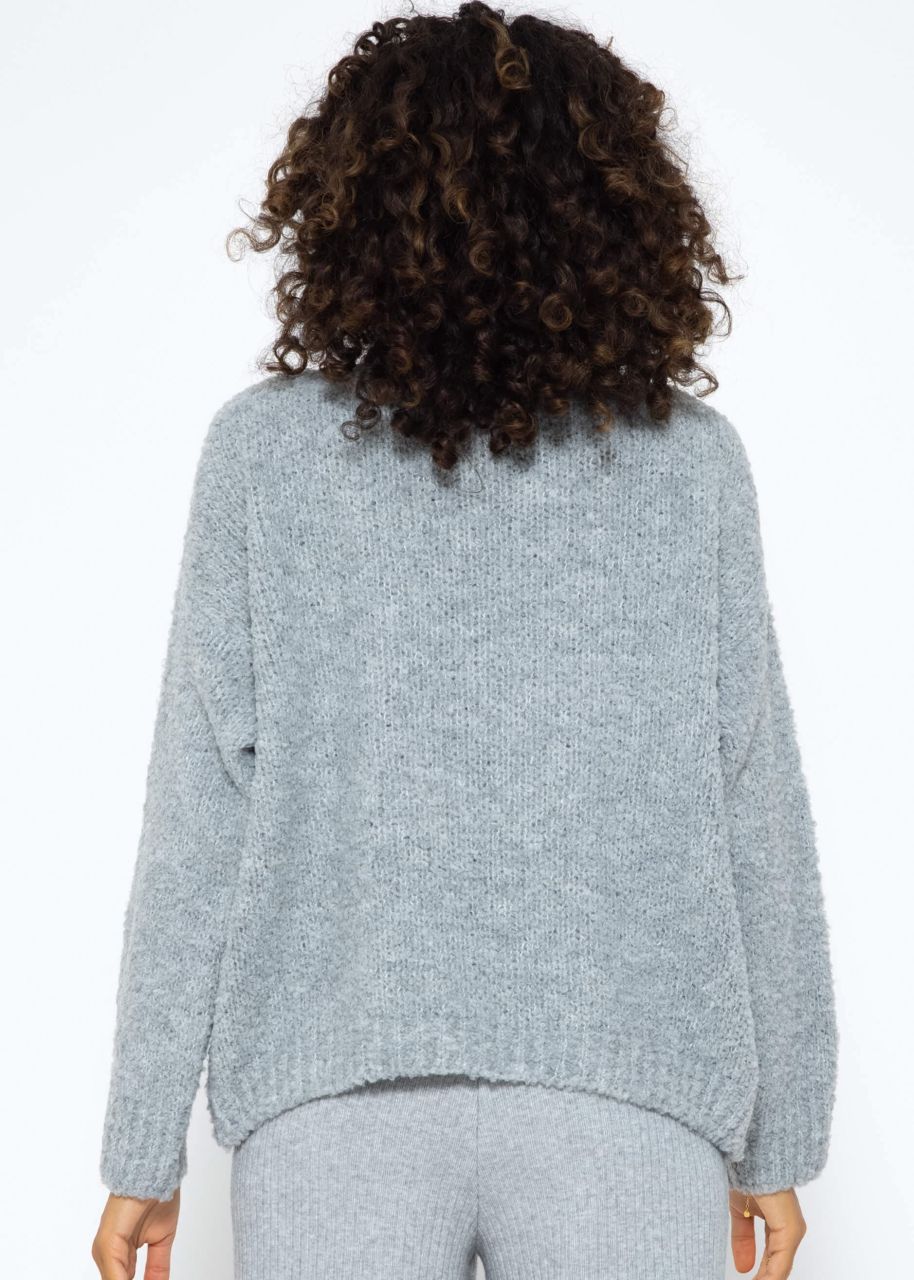 Oversize Pullover mit "Rock"-Schriftzug - grau-weiß