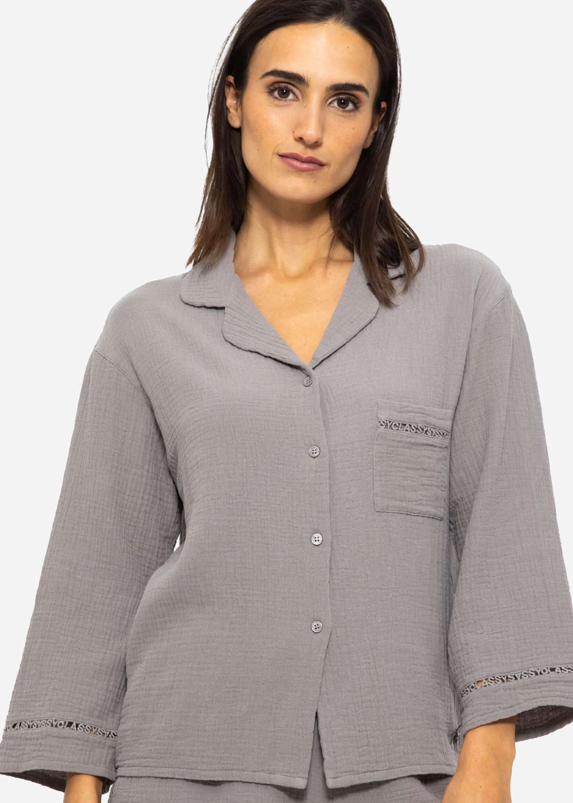 Musselin Pyjamabluse mit Spitzenborte - taupe