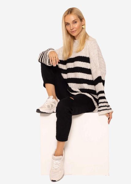 Oversize Pullover mit Streifen - schwarz-beige