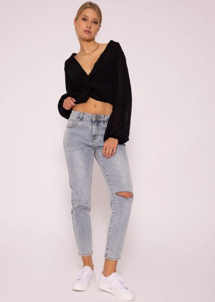 Vorn geschlungene Crop Bluse, schwarz