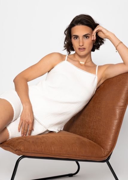 Musselin Pyjamatop mit Spitzenborte - weiß