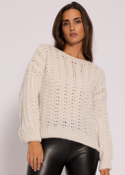 Lässiger Pullover mit Lochmuster, offwhite