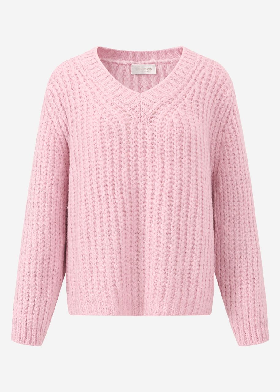 Oversize Grobstrick Pullover mit V-Ausschnitt - rosa