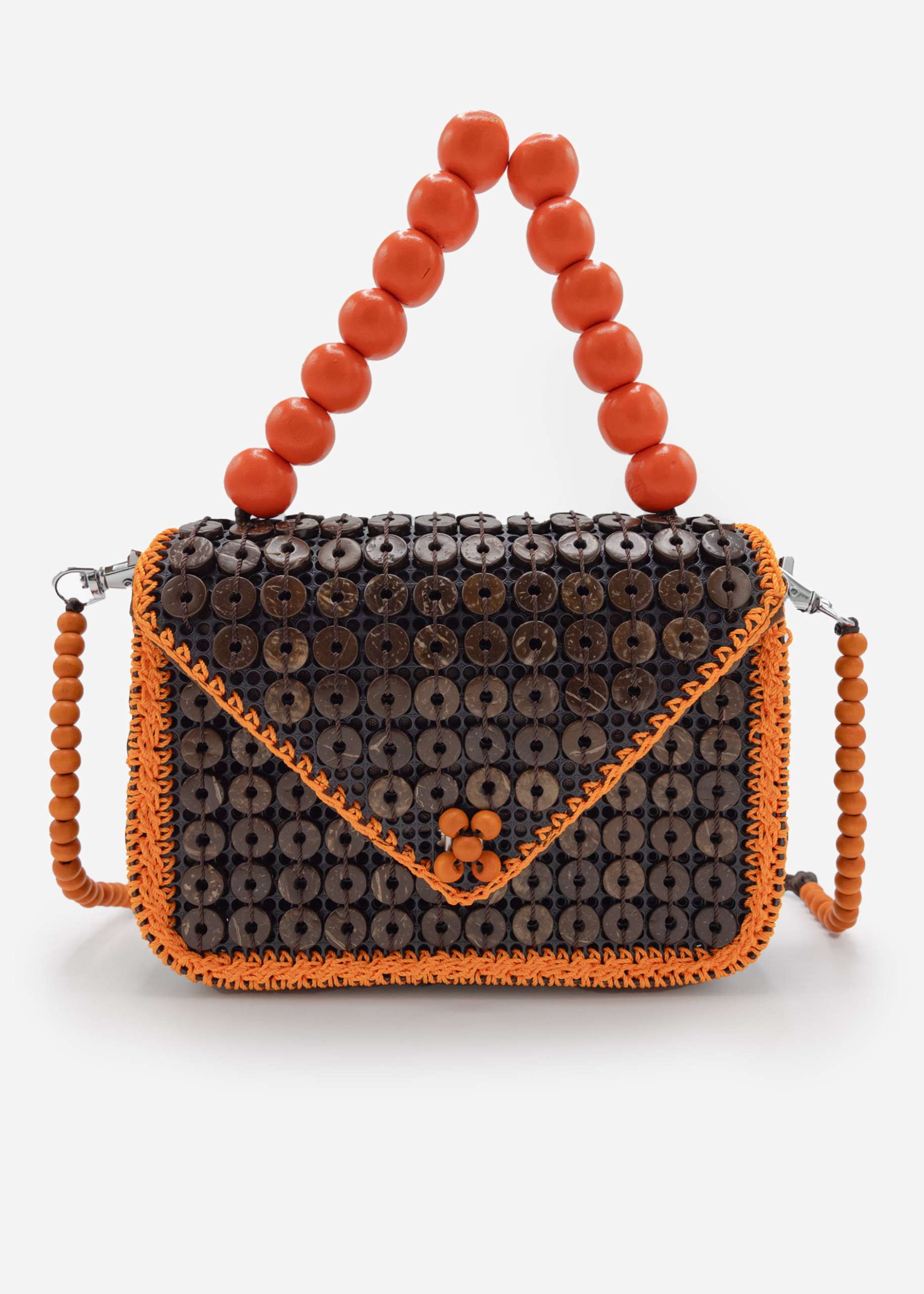Kleine Tasche mit orangefarbenem Perlen-Henkel - dunkelbraun