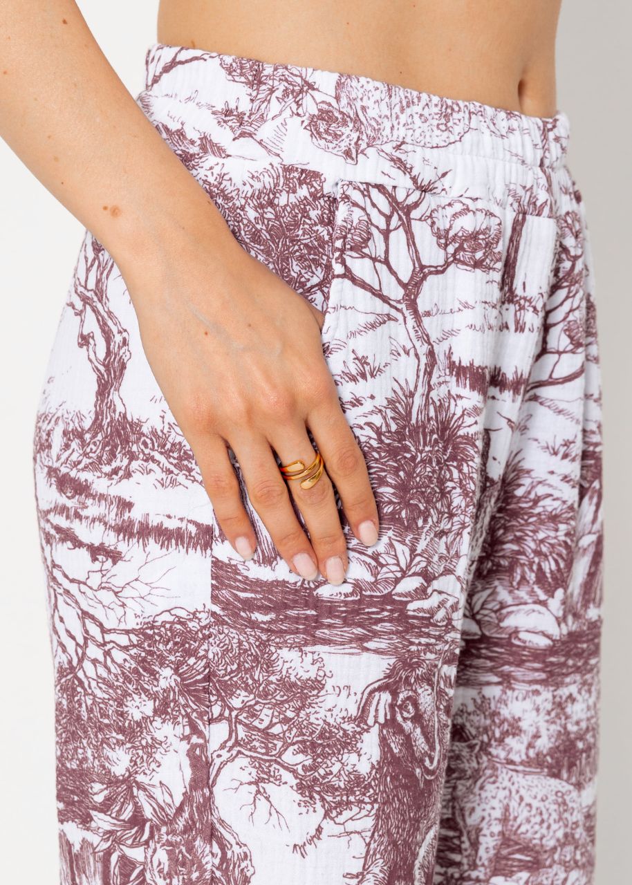 Musselin Pants mit weitem Bein und Print - weinrot