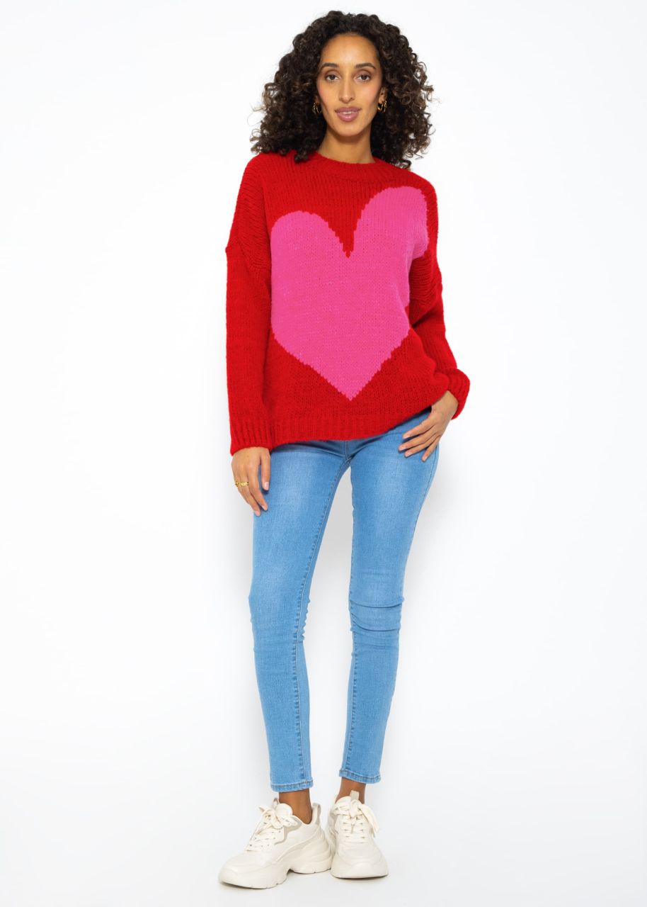 Oversize Pullover mit Herzmotiv - rot-pink