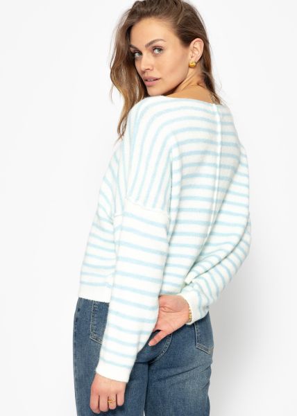 Gestreifter Oversize Pullover mit Rückennaht - hellblau-offwhite