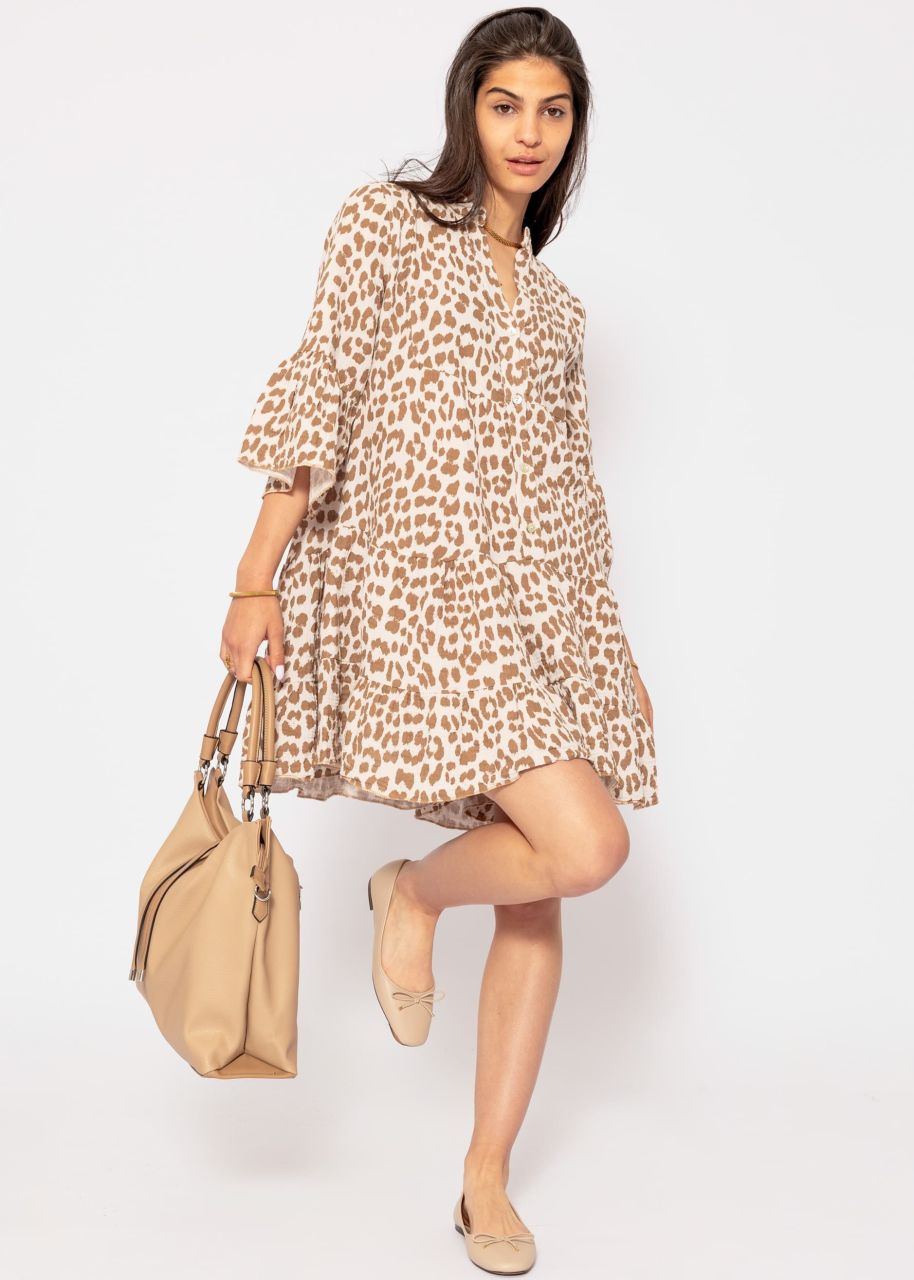 Musselin Kleid mit Leo-Print - offwhite-camel