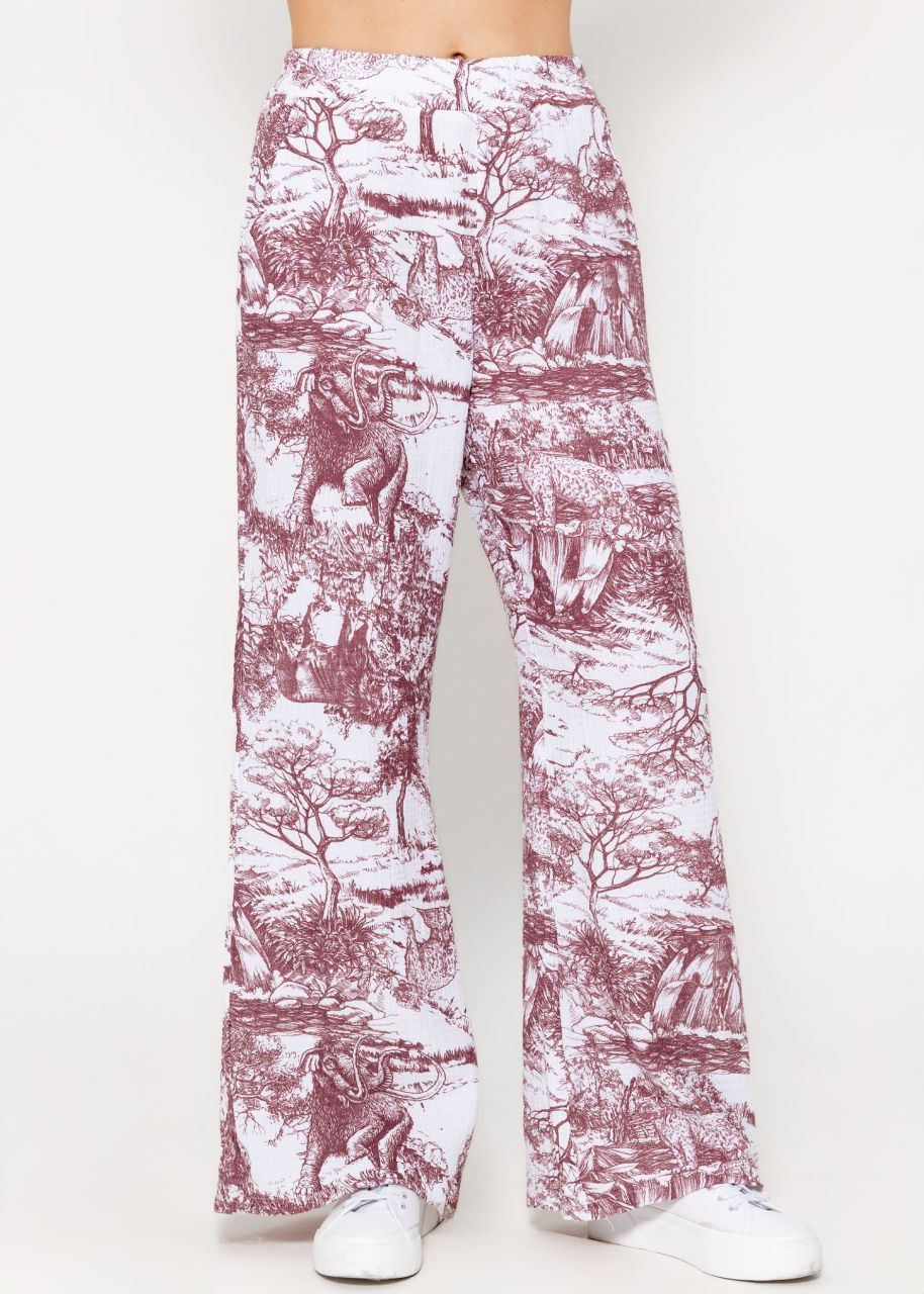 Musselin Pants mit weitem Bein und Print - weinrot