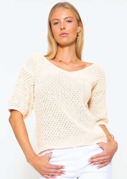 Baumwoll-Pullover mit V-Ausschnitt - beige