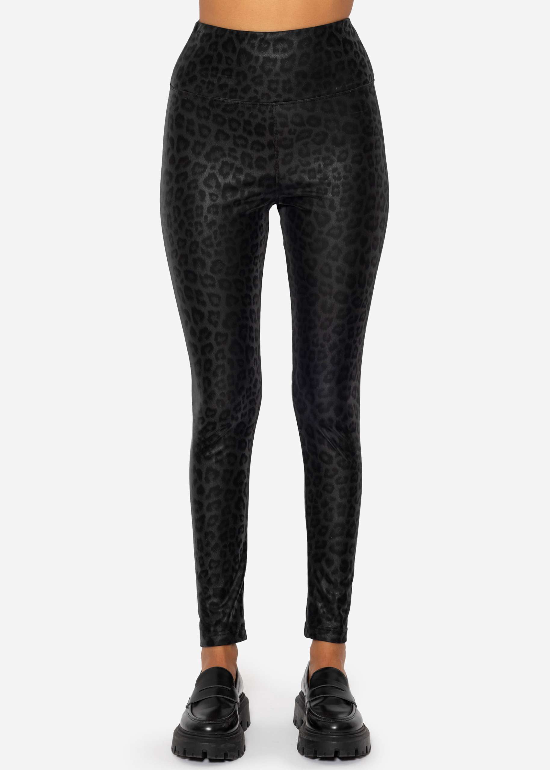 Thermo Kunstleder Leggings mit Leo Print - schwarz