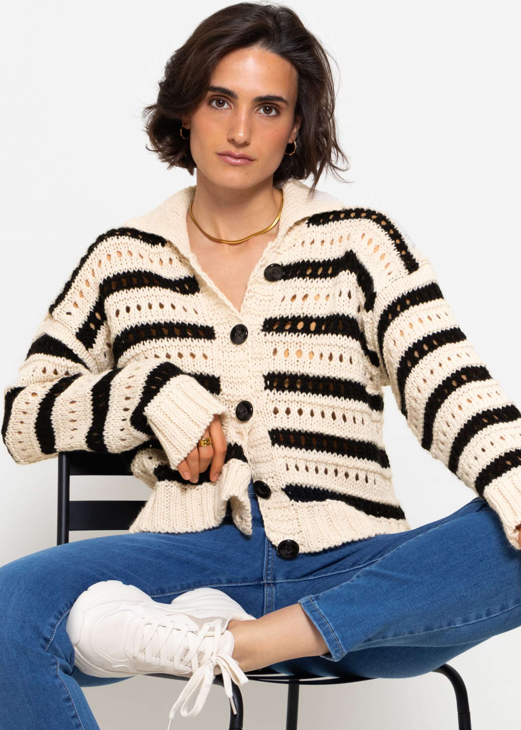 Cardigan in Ajourstrick mit Kragen - beige-schwarz