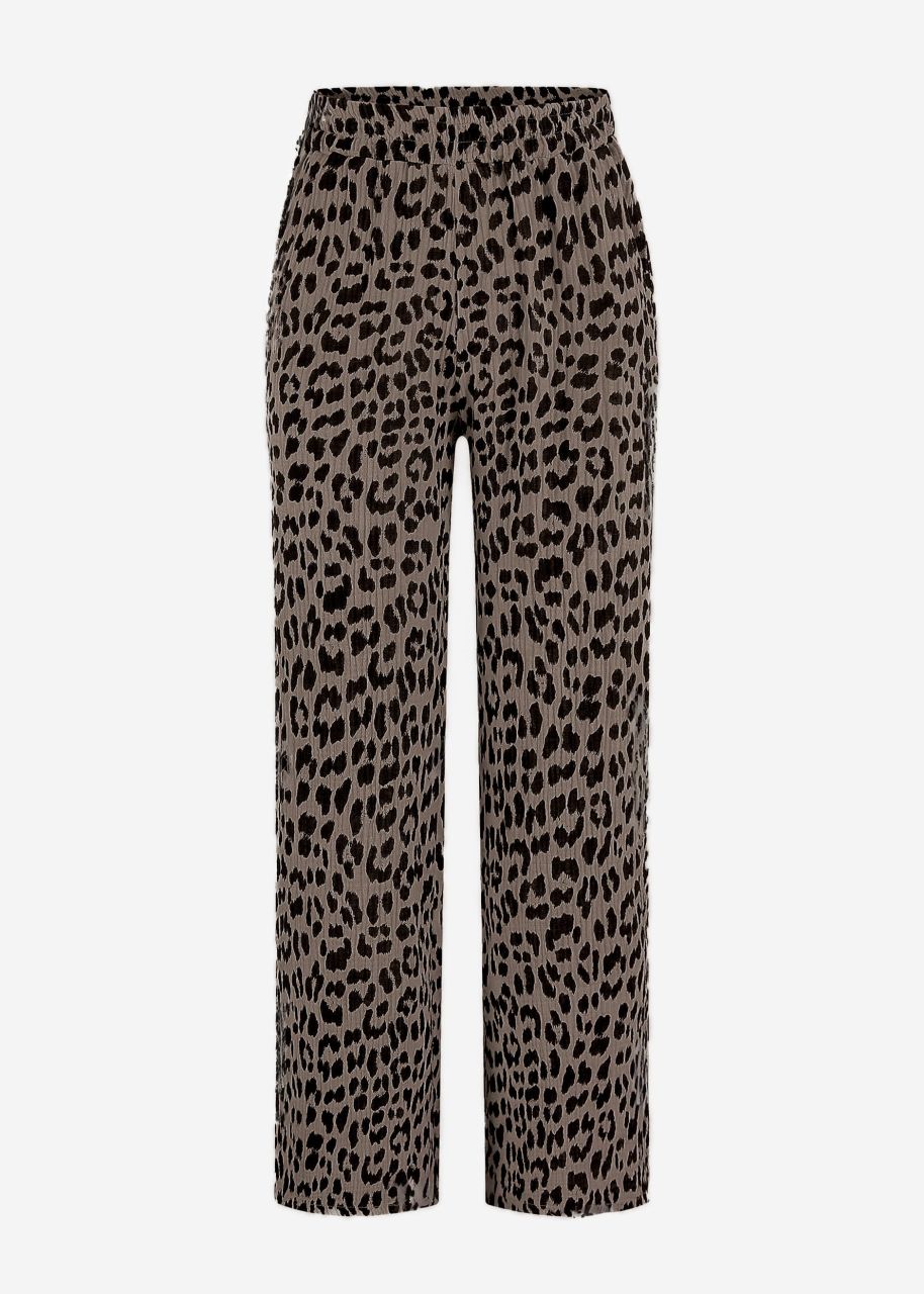 Musselin Pants mit weitem Bein in Leo-Print - taupe