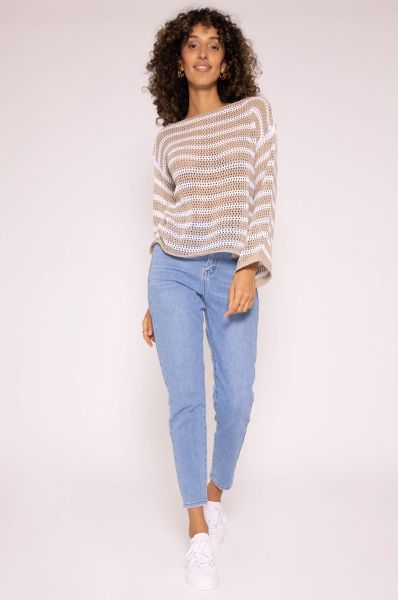Streifen Crochet Pullover, beige-weiß