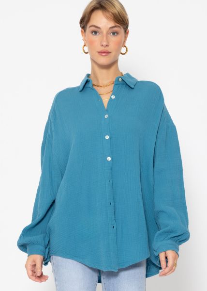 Musselin Bluse oversize, kurz, petrolblau