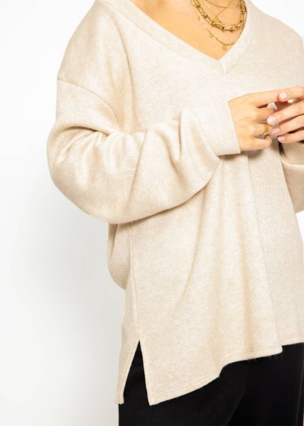 Oversize soft Sweater mit tiefem V-Ausschnitt - beige