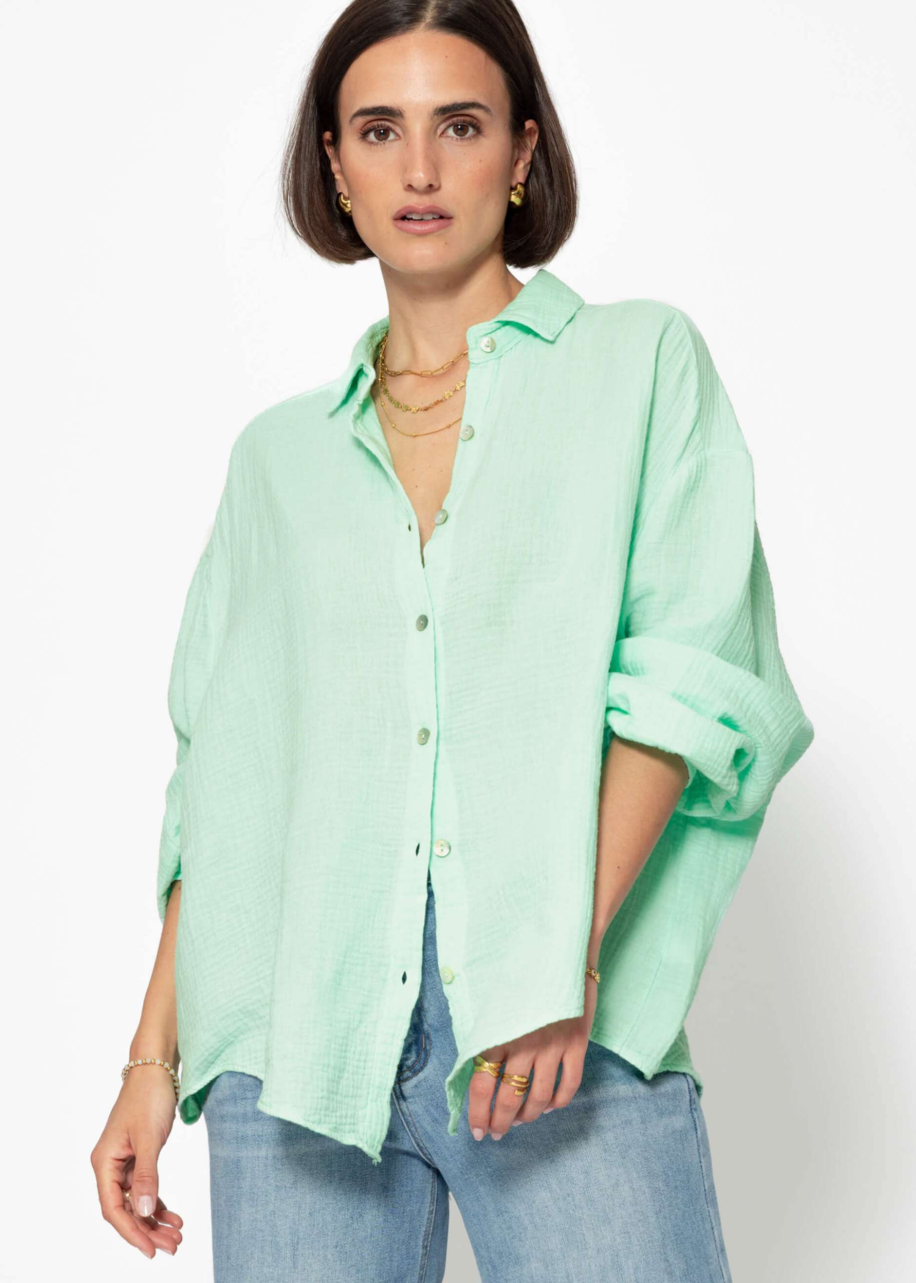 Musselin Bluse oversize, kurz, hellgrün