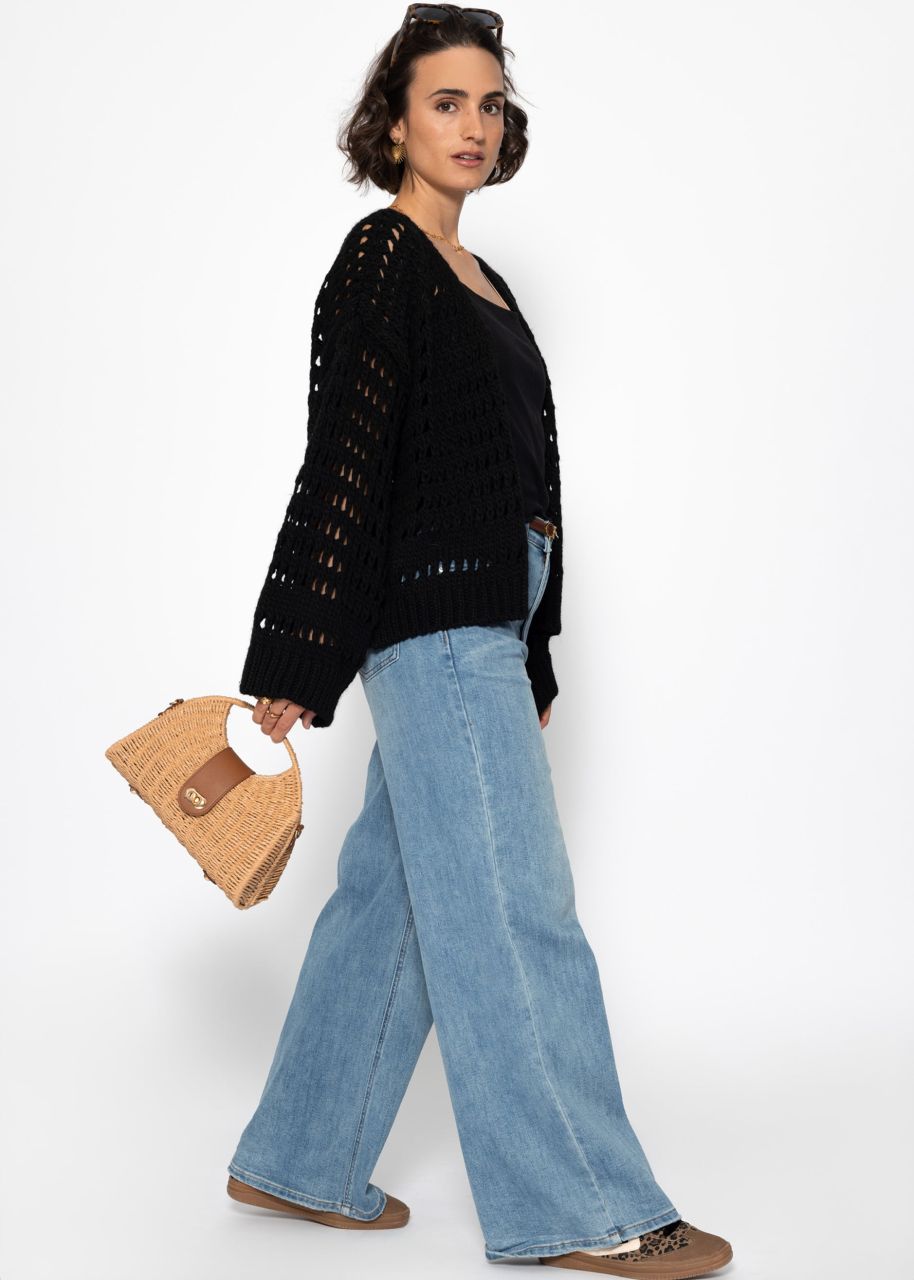 Lässige Strickjacke mit Lochstrickmuster - schwarz