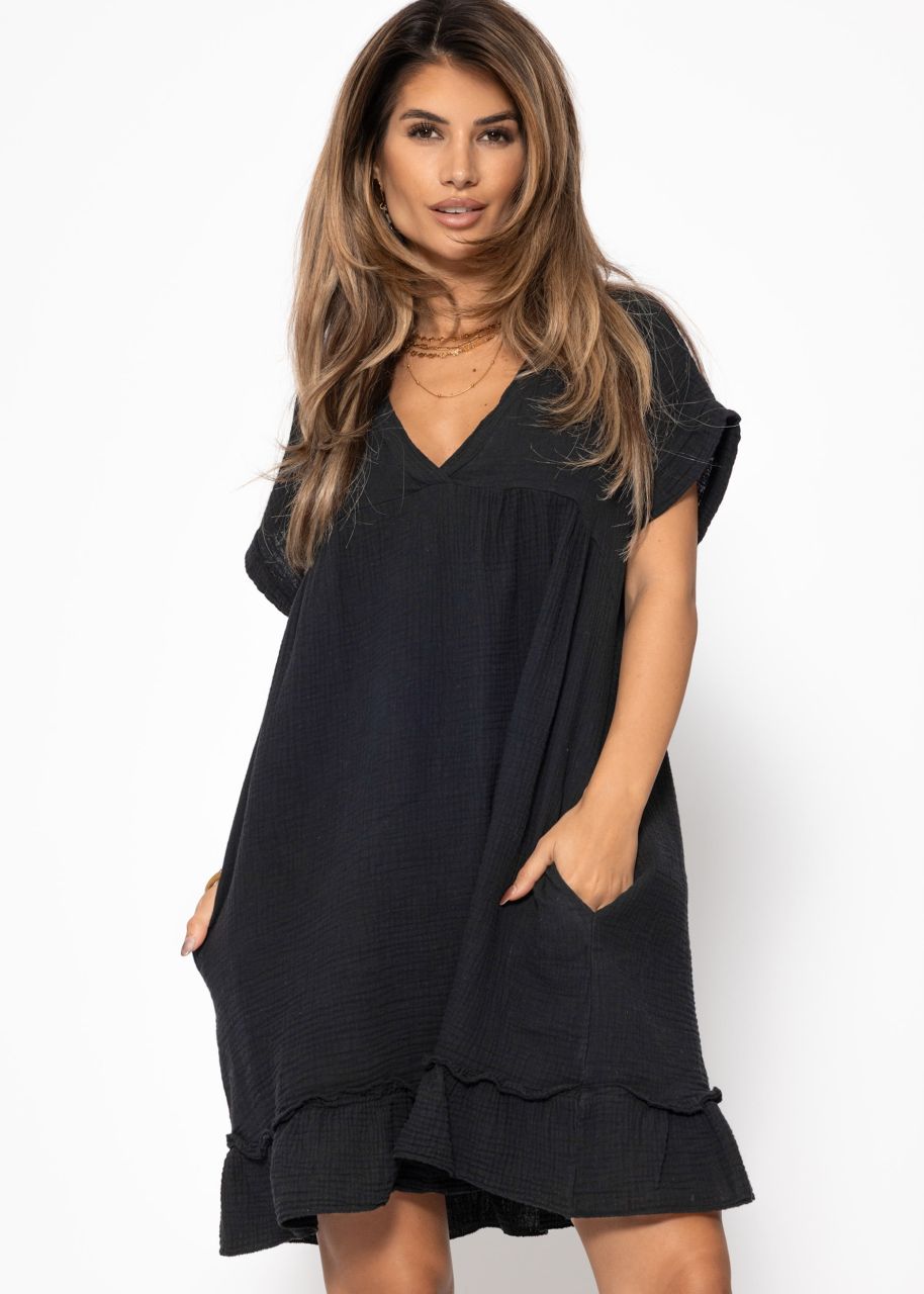 Musselin Kleid mit V-Ausschnitt - schwarz