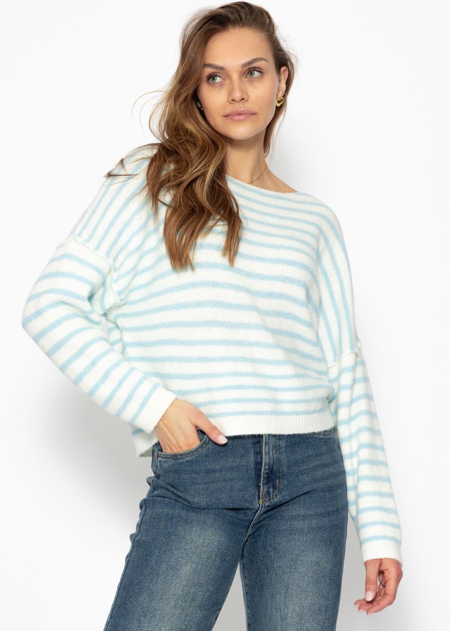 Gestreifter Oversize Pullover mit Rückennaht - hellblau-offwhite