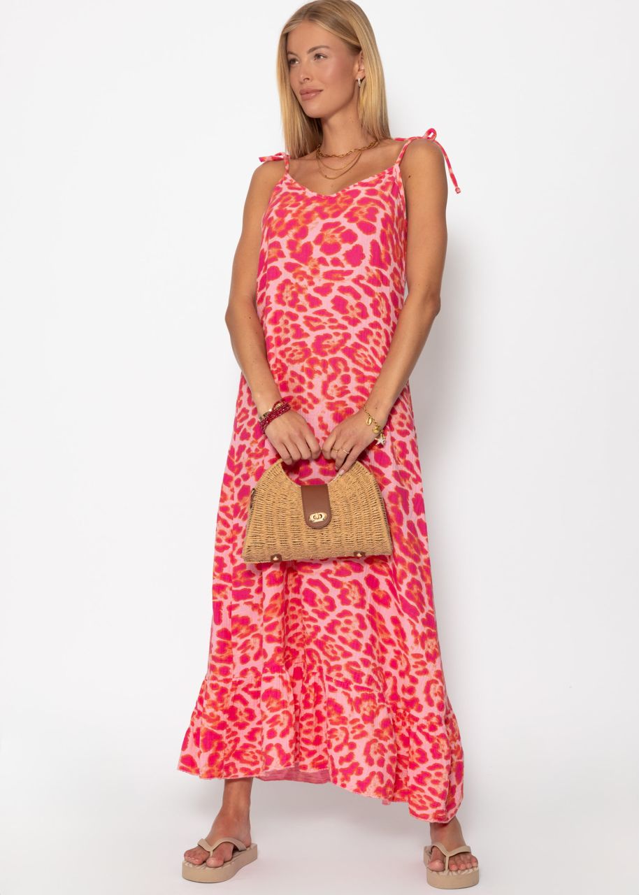 Musselin Maxi Kleid mit Leo-Print - pink