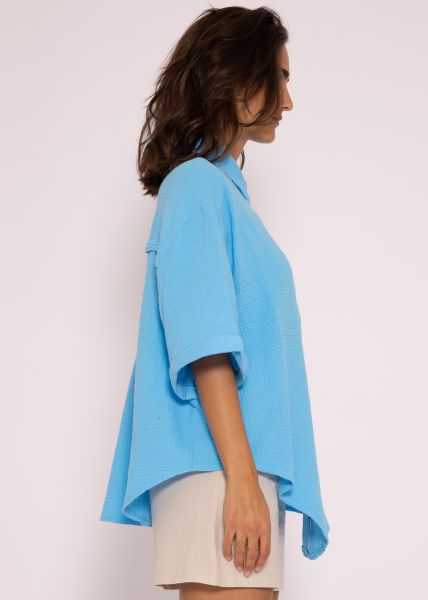 Musselin Bluse oversize kurzarm, kurz, azurblau