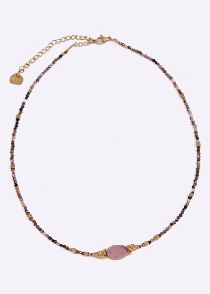 Schmale Halskette mit Rhodonit Perlen, gold