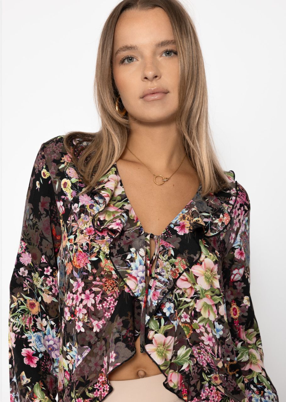 Bluse mit Bindeband und Blumen-Print - schwarz