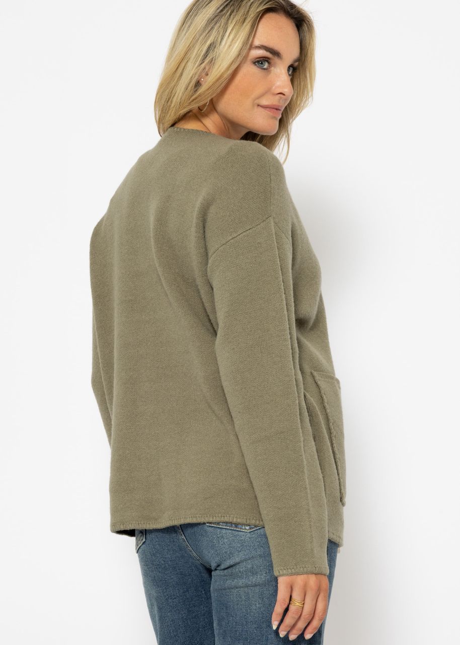 Offener Cardigan mit aufgesetzten Taschen - khaki