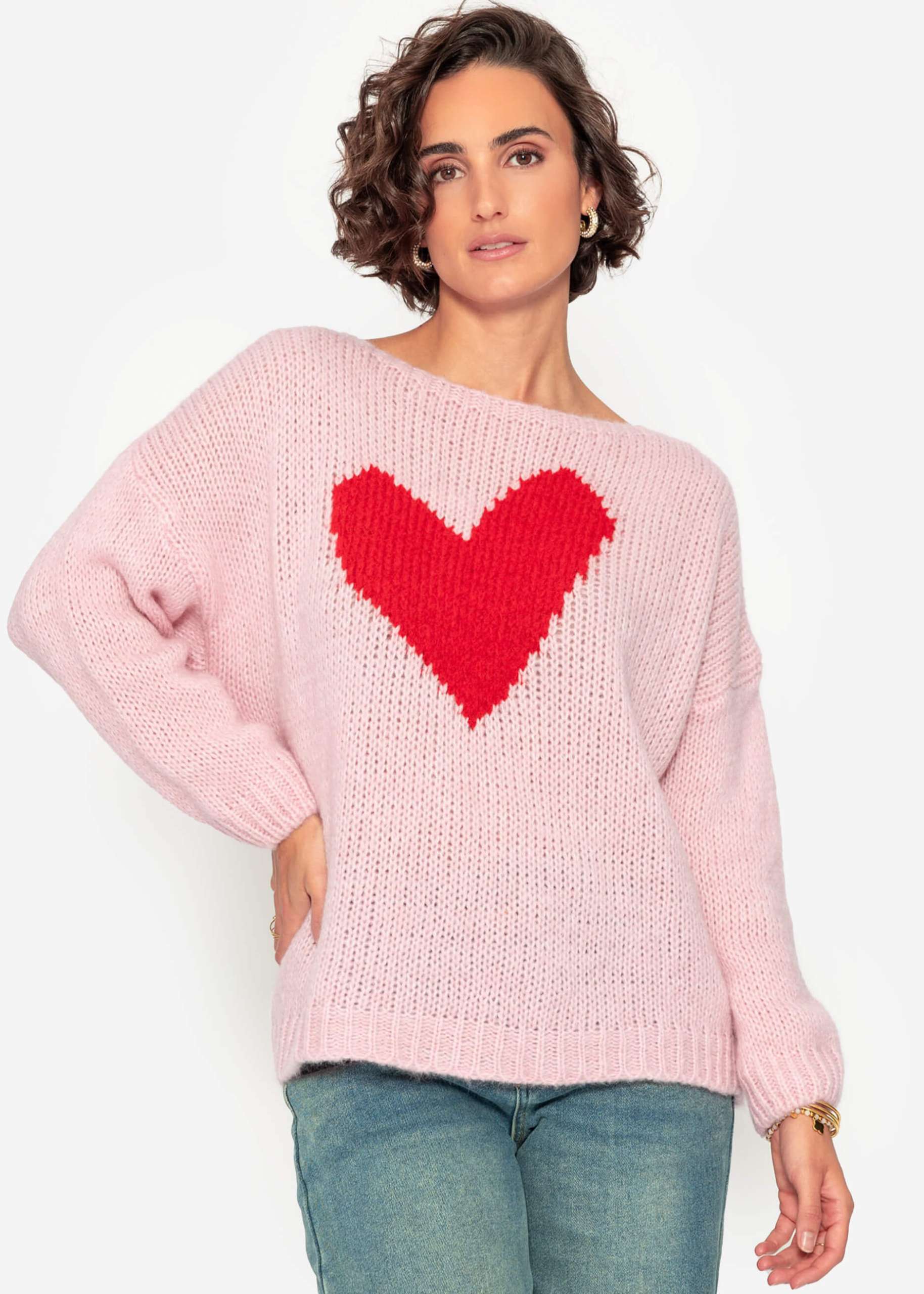 Oversize Pullover mit rotem Herz - rosa